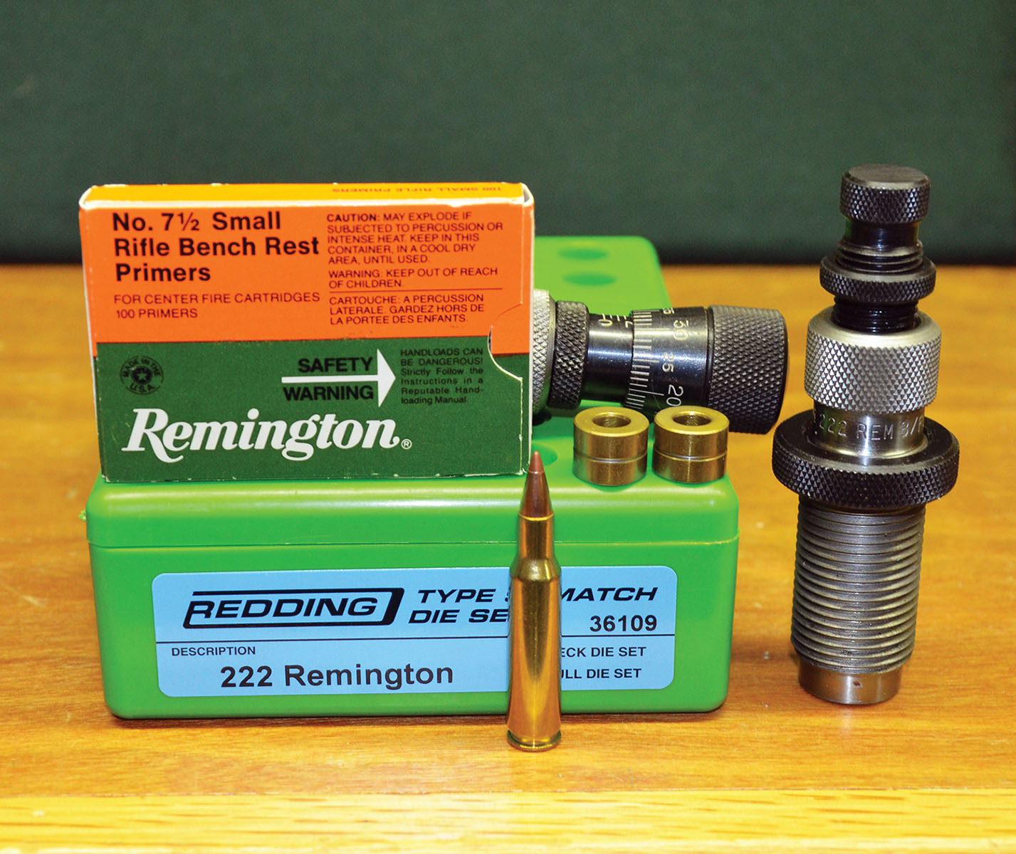When handloading the 222 Remington for the best possible accuracy, Layne first neck-sizes virgin cases using a Redding Type S neck-sizing die with a bushing .001-inch smaller than the neck diameter of a case with a .224-inch bullet seated. Then, the necks of cases are outside-turned just enough to uniform neck wall thickness. After the cases are primed with Remington 7½ Bench Rest primers, powder charges are dropped in and bullets are seated with a Redding Competition seating die. Thinning the wall of the neck reduces neck diameter so fired cases are neck-sized with another bushing .001 inch smaller than the new diameter with bullet seated.